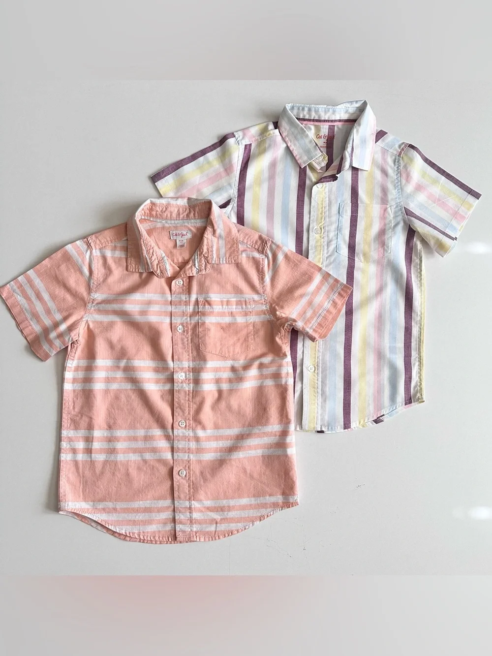 Cat & Jack Boys' Short-Sleeve Button-Up Shirts Peach & Pastel Stripe size 8
